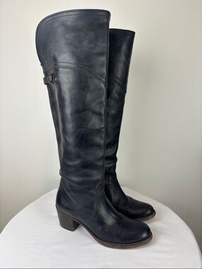 Frye Jane Tall Leather Riding Boots Black Buckle Size 8 B Cuffed Equestrian